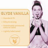 Image of a woman licking a lollipop, wearing a black halter top and jeans with her hair up. Beside her, text reads: "Glyde Ultra Vanilla Flavored Condoms 🍦", listing features: "Standard fit, Silky & strong, Sustainably produced natural latex, Lightly lubricated Organic Condoms". Below is a vegan logo.
